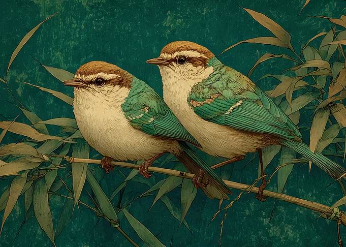 Bamboo Perch — Teal Songbird Pair