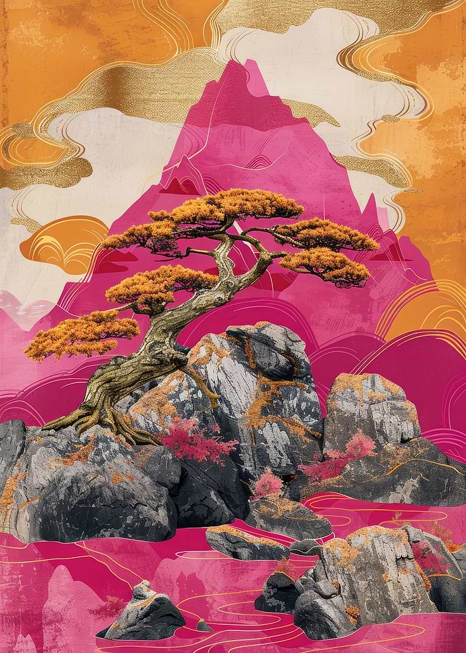 apanese Landscape with Tree and Mountains Kintsugi Art