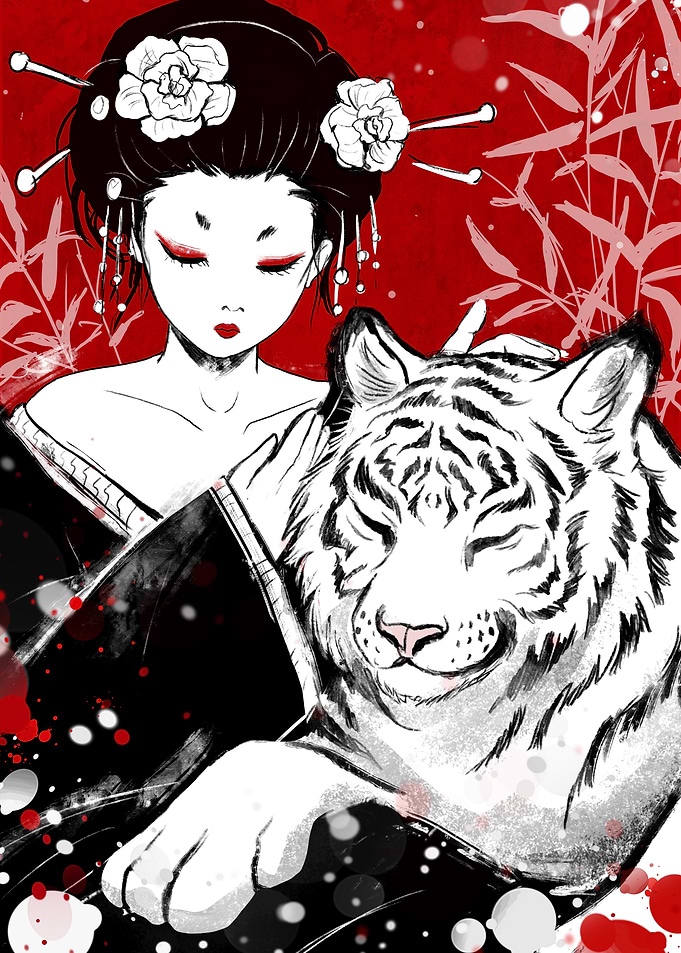 Geisha with White Tiger Illustration
