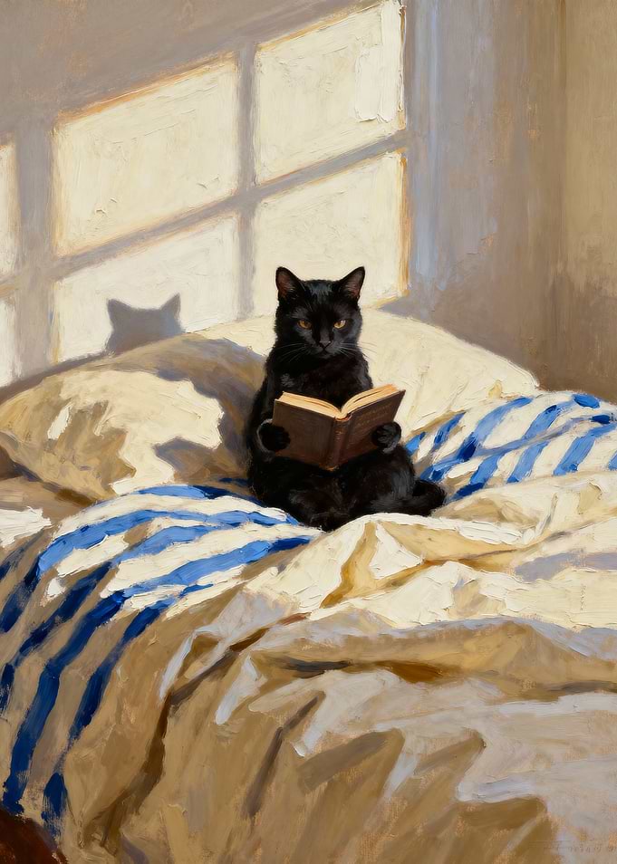 Black Cat Reading Book in Bed