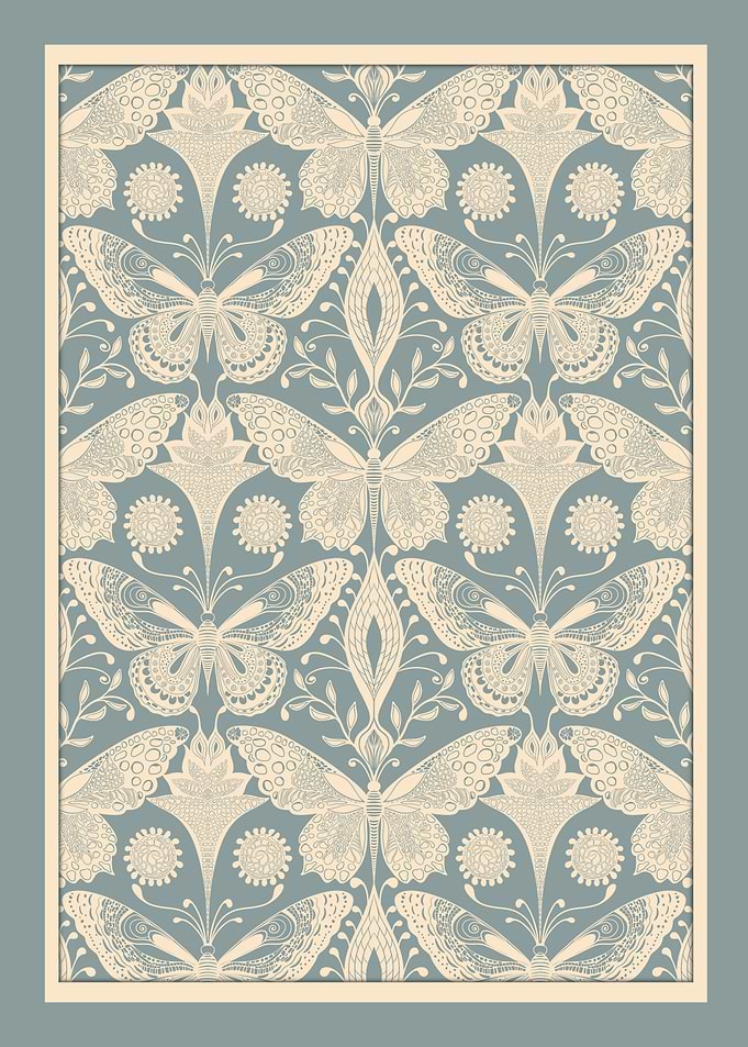 Monochrome Botanica – Hand-Drawn Butterflies in Blue & Cream