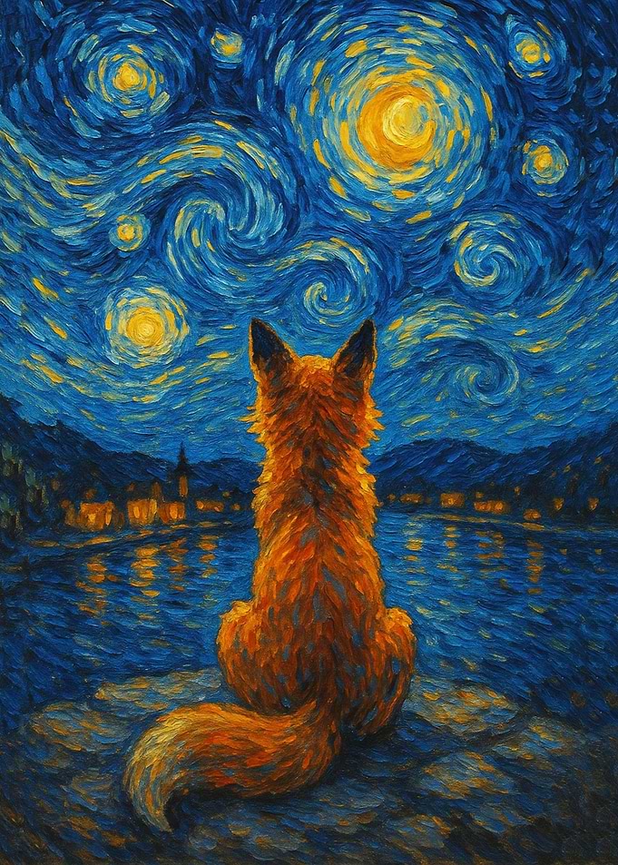 Whimsical fox gazing at starry night by lake in painterly Van Gogh inspired design