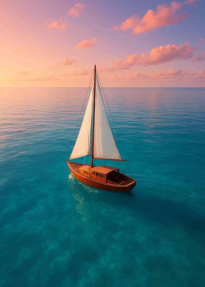 Sailboat on calm turquoise sea at sunset