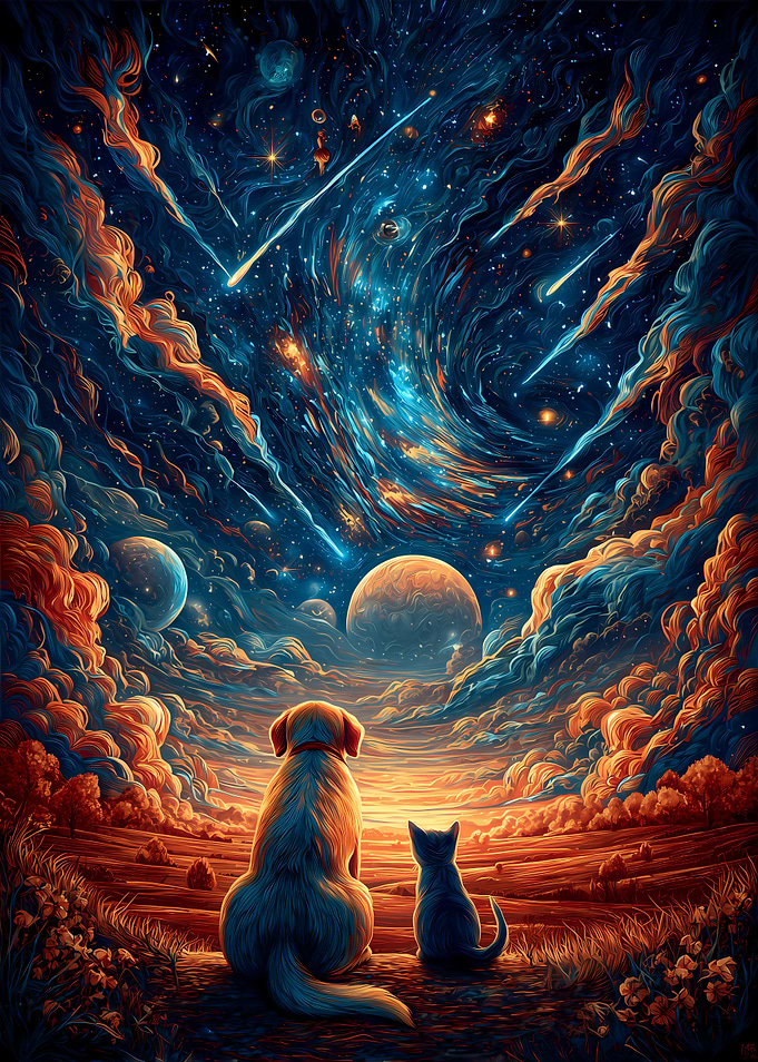 Dog and Cat Starry Night Landscape - Mabro Visionary Art