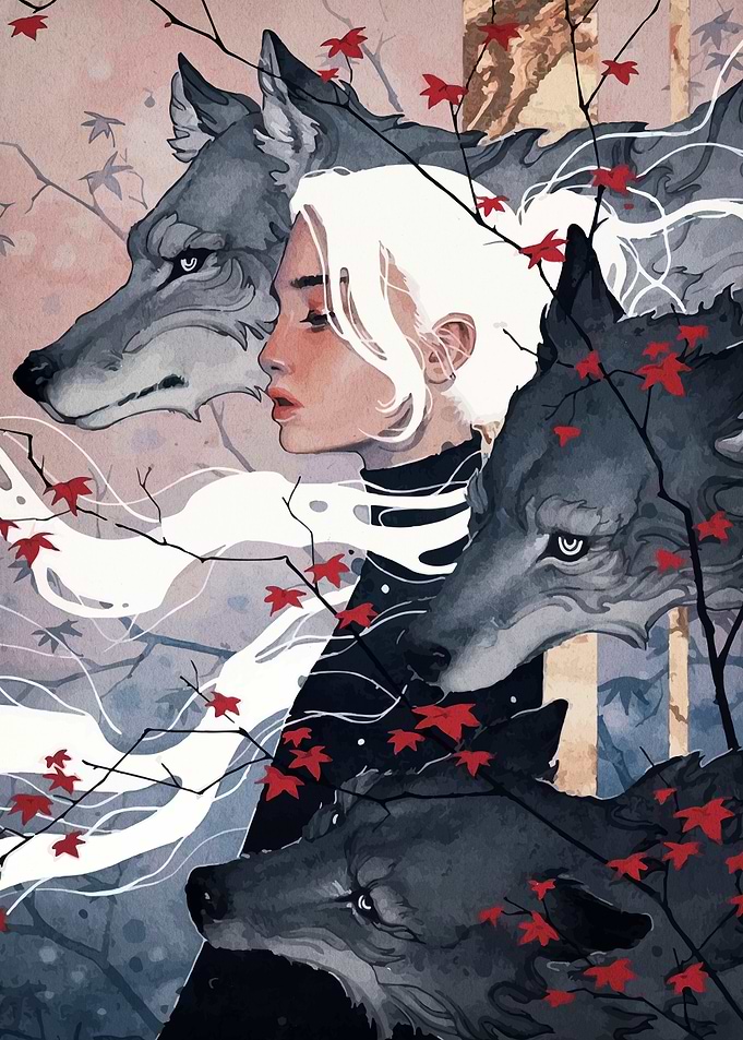 Woman with Wolves and Autumn Leaves