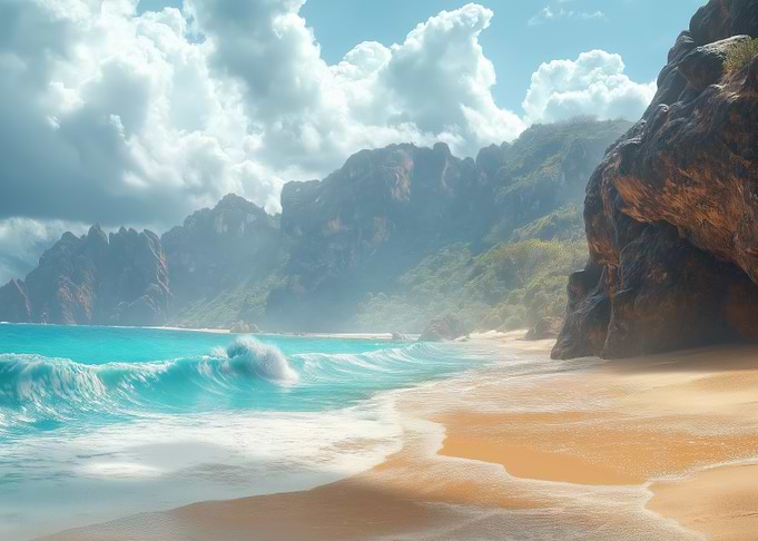 Tropical Beach with Cliffs and Waves
