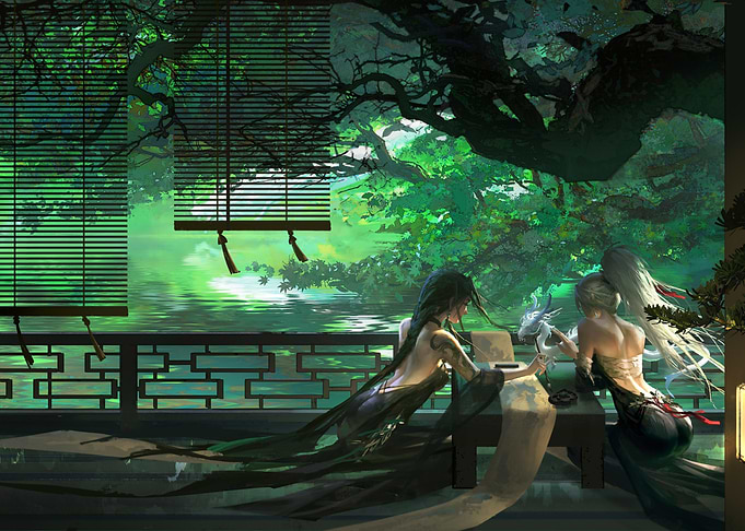 Fantasy Scene with Two Women and Dragon