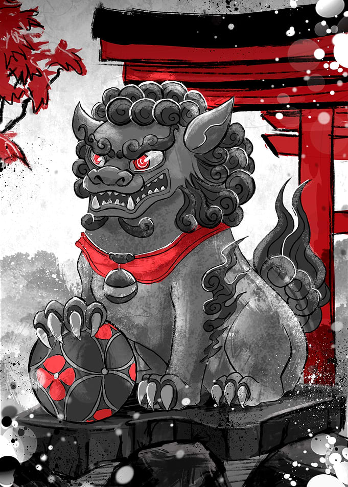 Komainu Statue with Torii Gate