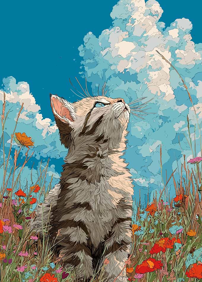 Cat Gazing at Clouds in Meadow