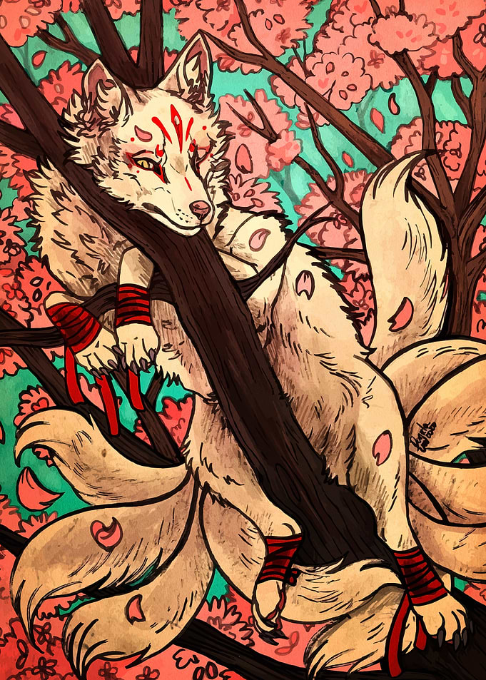 Nine-tailed fox in cherry blossom tree