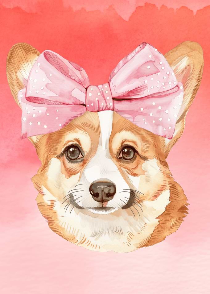 Corgi with Pink Bow Watercolor Portrait
