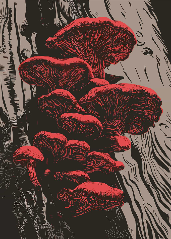 Red Devil Fungi on Tree Trunk Linocut Effect Illustration