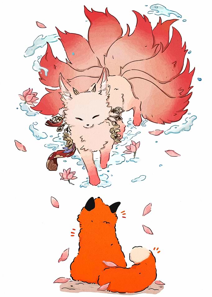 Nine-tailed fox and fox cub illustration