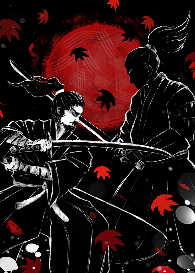 Samurai Duel Under Red Moon