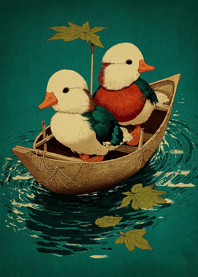 Little Mandarin Sailors on a Leaf Boat