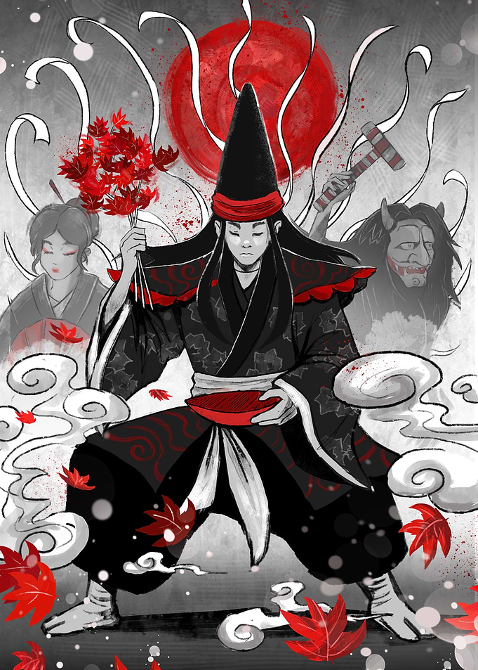 Japanese Shaman with Maple Leaves