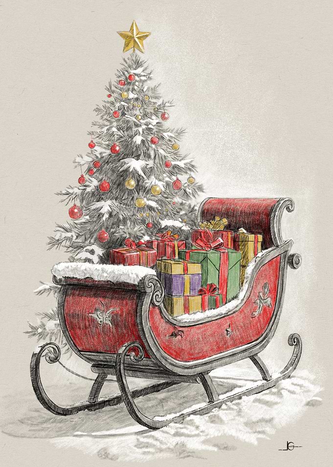 Christmas Sleigh with Gifts and Tree