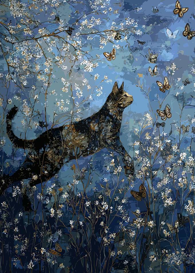 Cat in a Butterfly Garden Painting