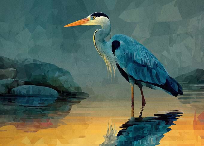 Low-Poly Heron at Golden Water