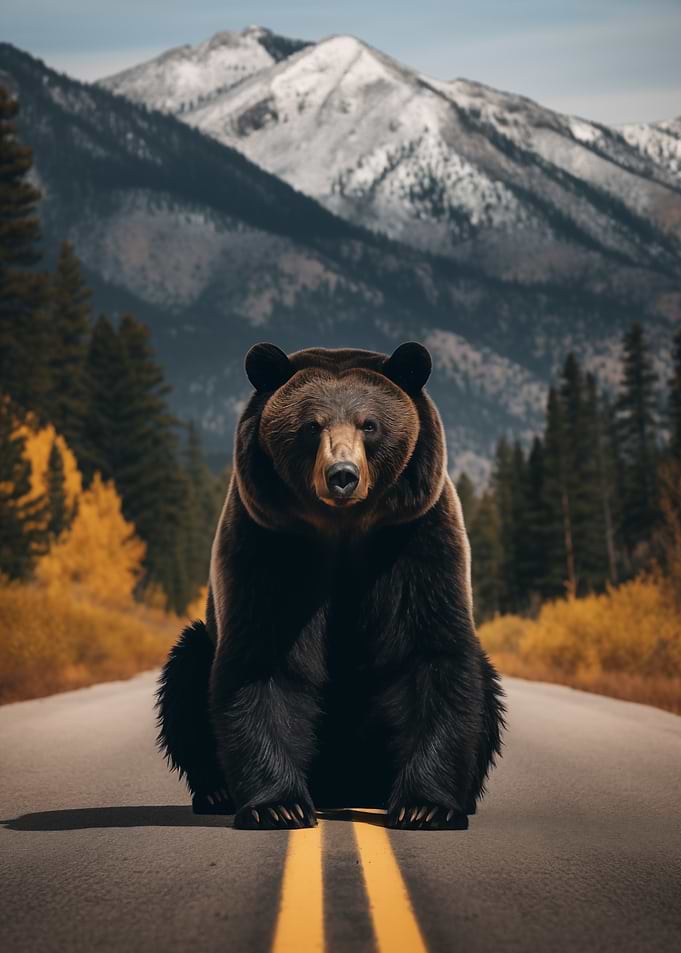 Bear on Road with Mountain