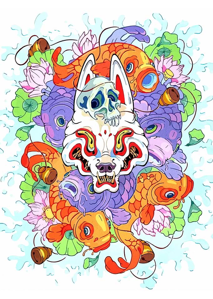 Japanese Fox Mask with Koi Fish
