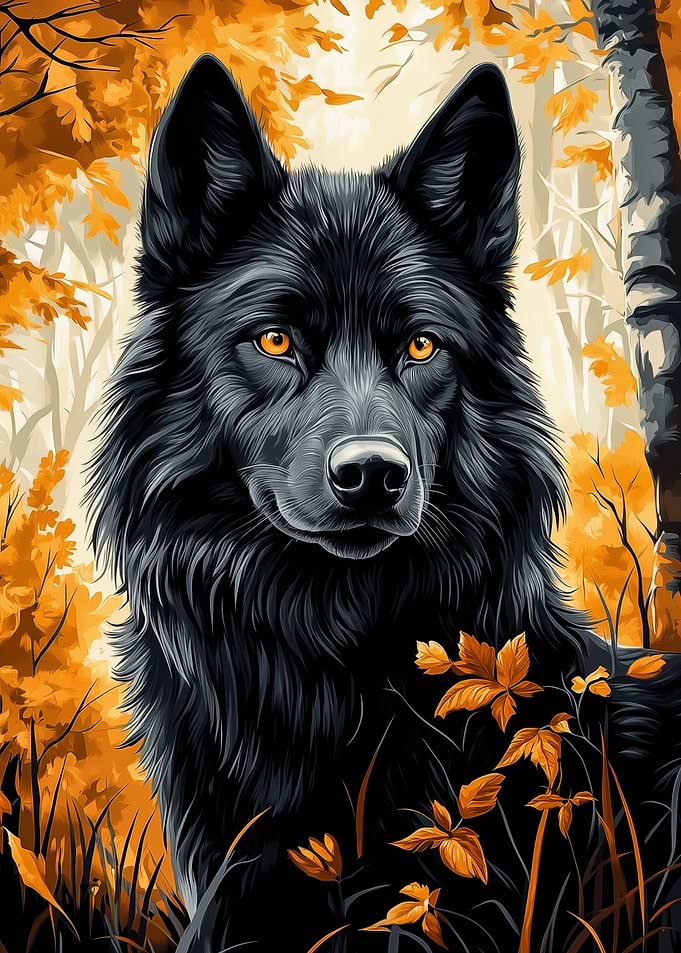 Black Wolf in Autumn Forest