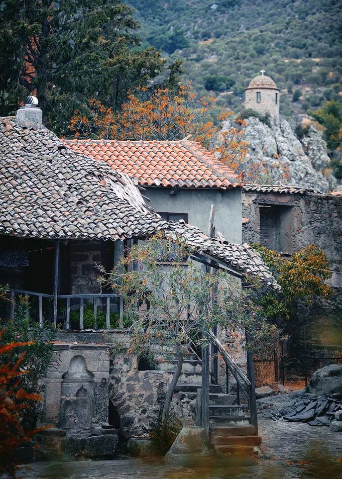 Old Village with Mountain Church, Greek Island
