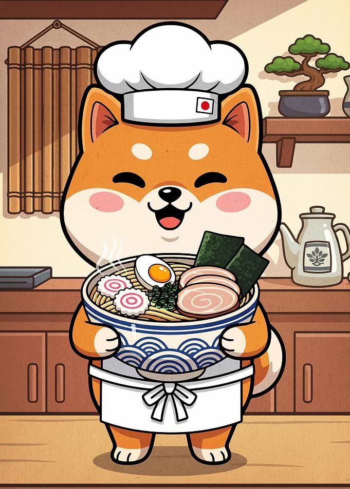 Shiba Inu Chef with Ramen Bowl
