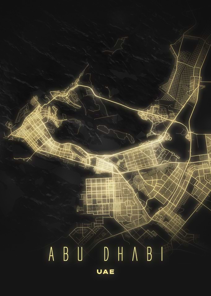 Abu Dhabi - Golden Glow Minimal City Map Print UAE Night Art