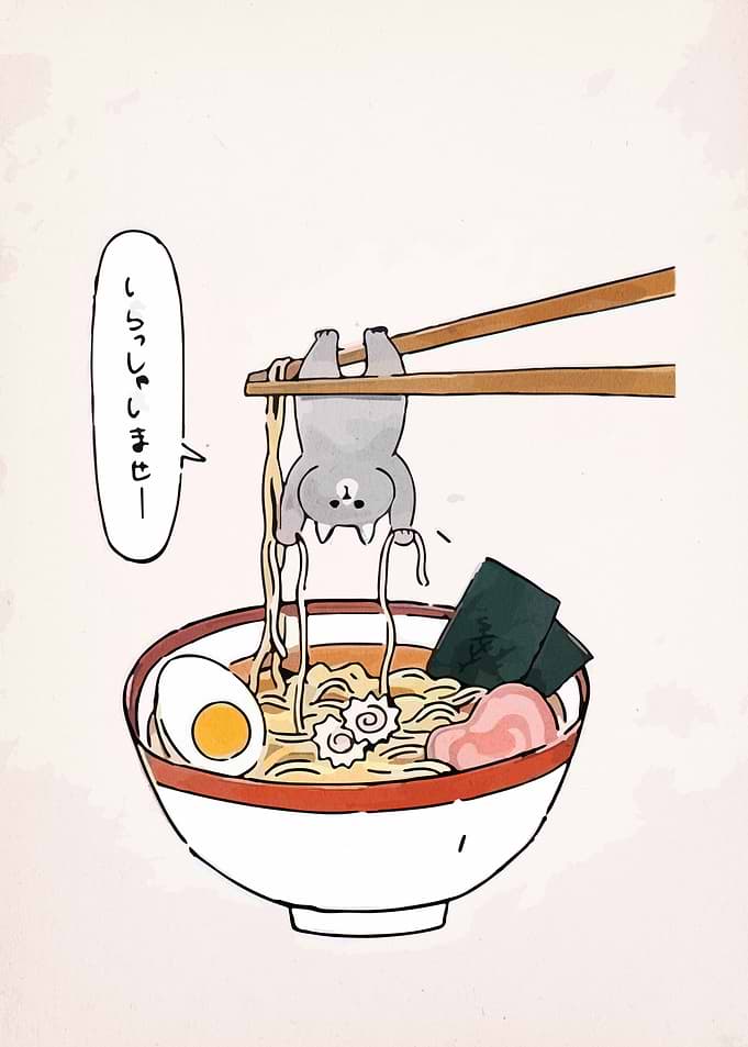 Cat Hanging from Ramen Noodles