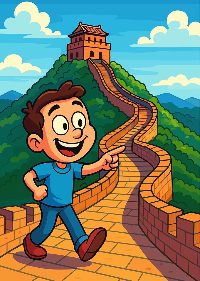 Cartoon Boy on Great Wall of China