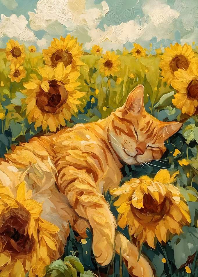 Cat Nap in Sunflower Field