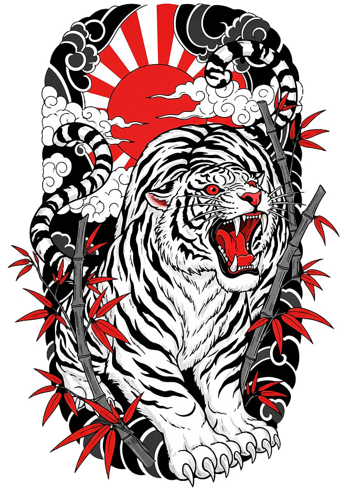 White Tiger with Bamboo and Rising Sun