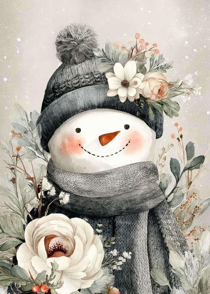 Floral Snowman Watercolor Illustration