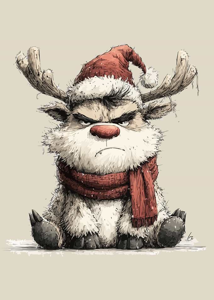 Grumpy Christmas Reindeer with Santa Hat