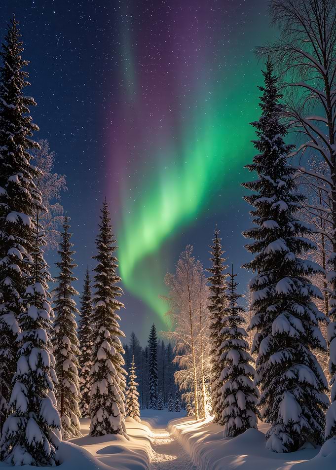 Aurora Borealis over Snowy Forest