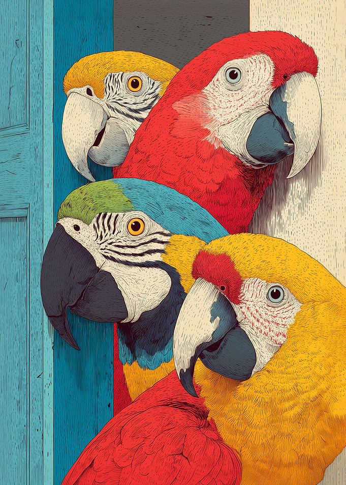 Curious Macaws in Vintage Line Art Composition — Tropical Parrot Illustration