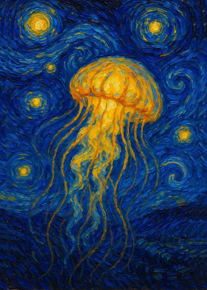 Jellyfish in a Starry Night Painting