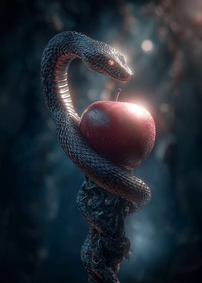 Snake with Apple in Dark Garden