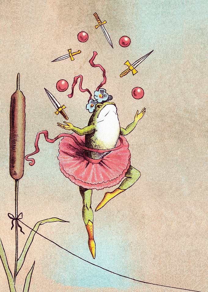 Frog ballerina juggling knives and balls