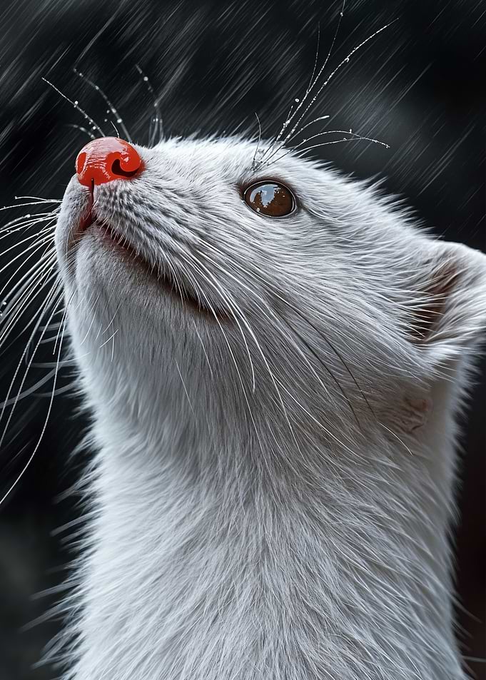 White Ferret Looking Up in Rain