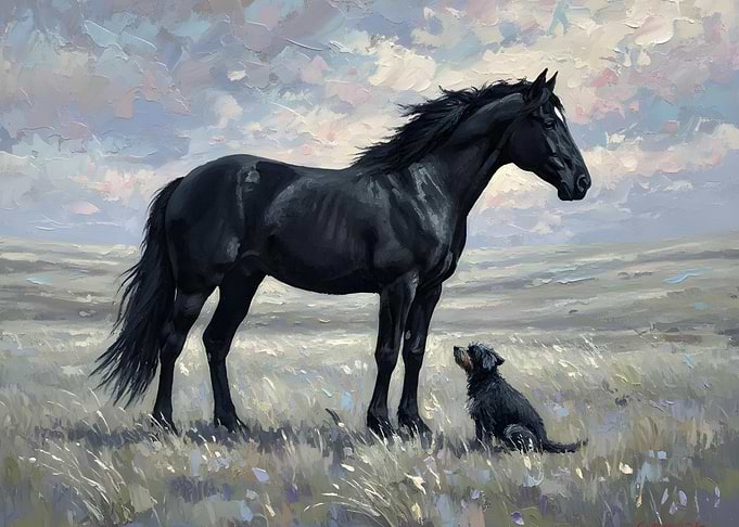Black Horse and Dog in Field