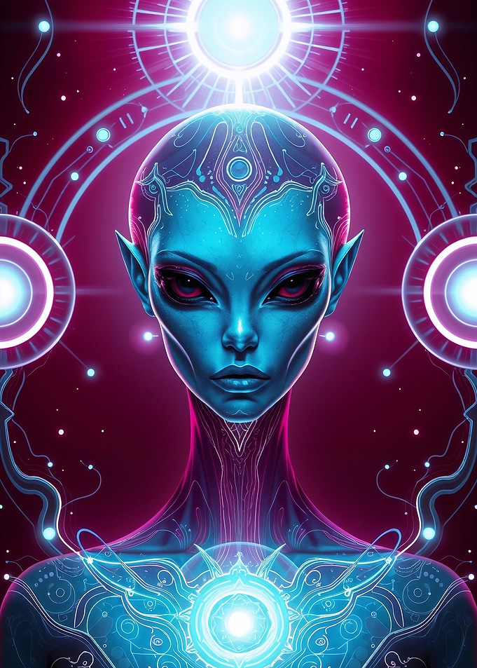 Blue Alien Portrait with Cybernetic Orb Elements