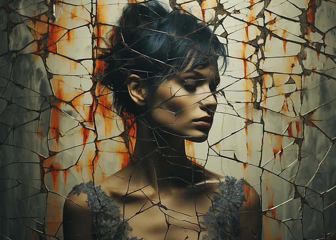 Woman behind broken glass