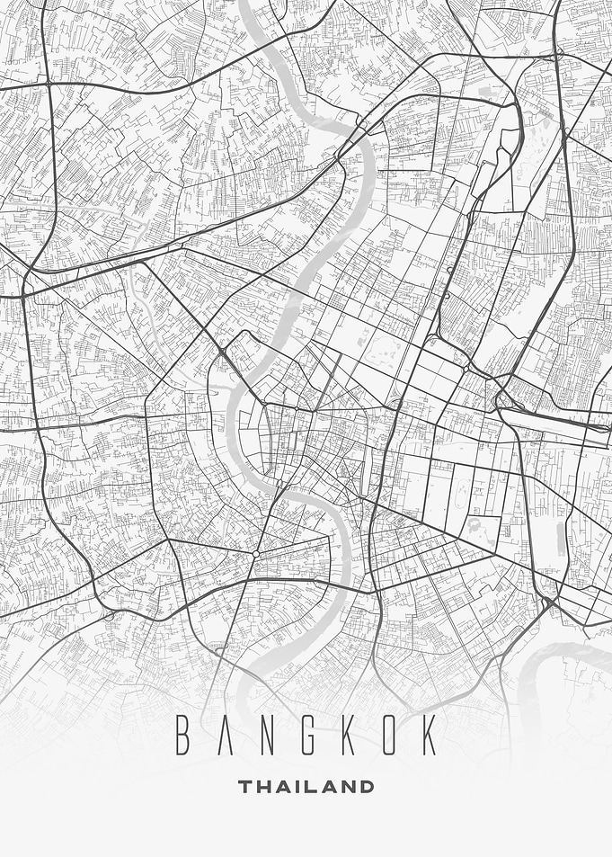 Bangkok, Thailand - Downtown Roadways, Minimal Map Art