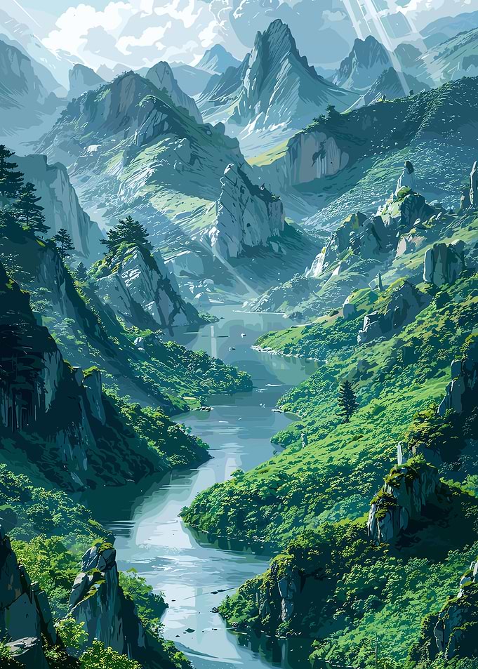 Lush Mountain Valley River Landscape