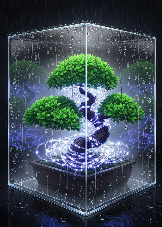 Bonsai in Glass Box with Lights