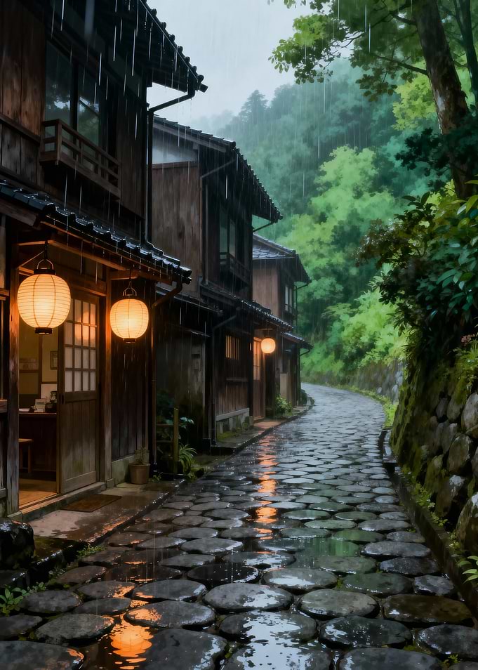 Rainy Japanese Street with Lanterns