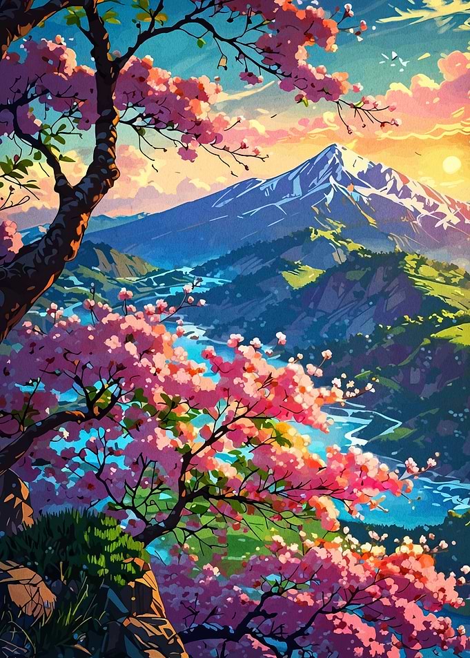 Cherry Blossoms and Mountain Landscape