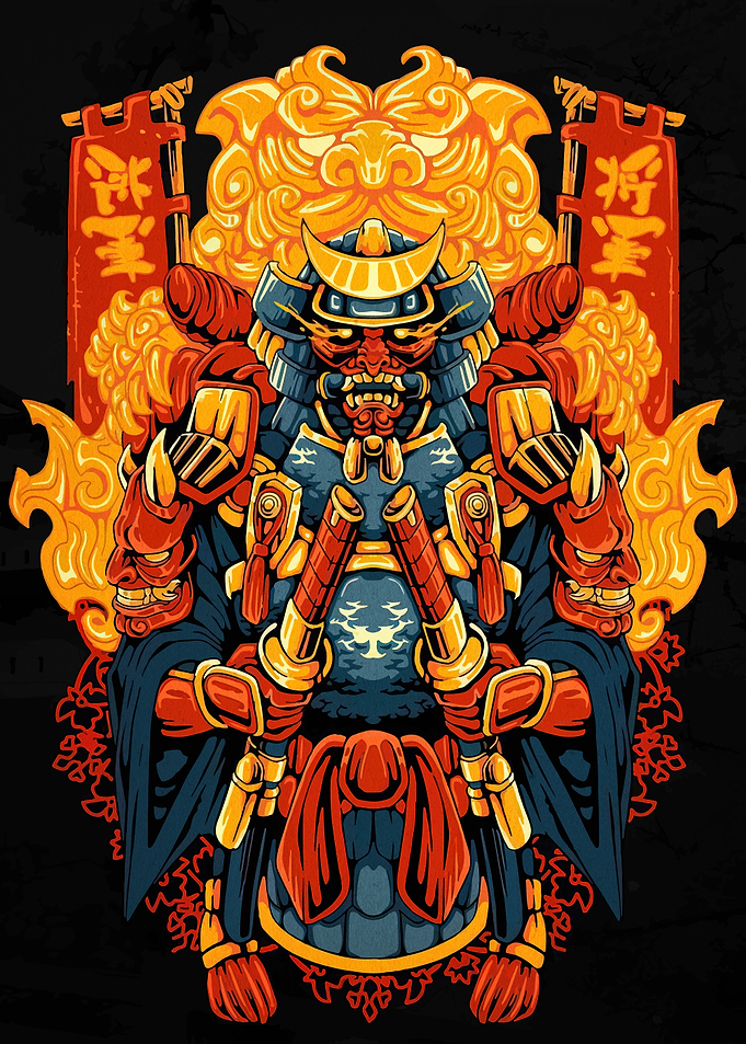Samurai Warrior Illustration with Oni Mask